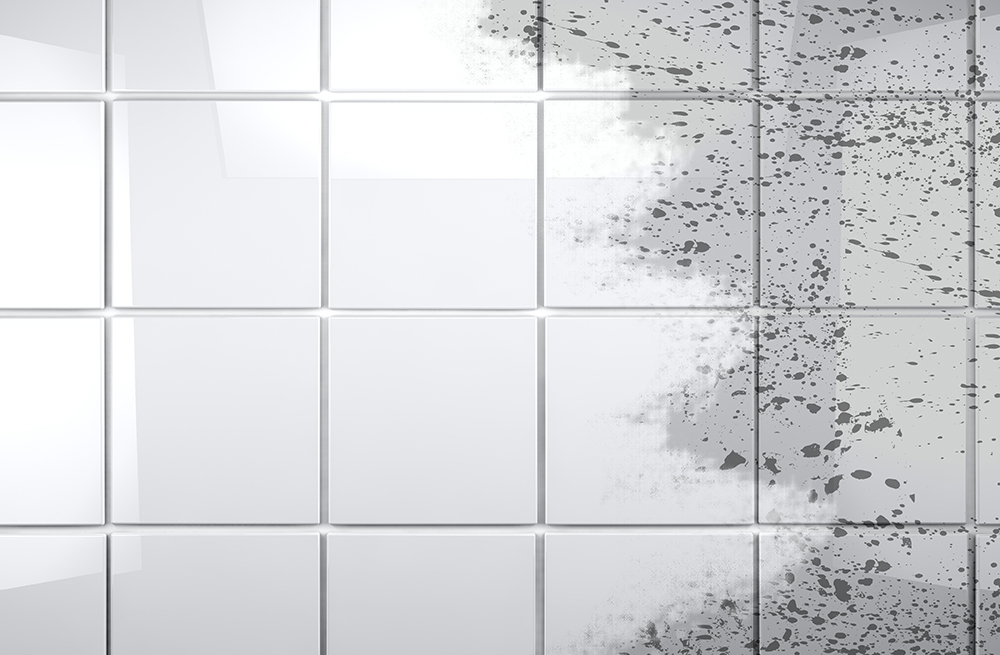 White tile with comparison of dirty and clean tiles